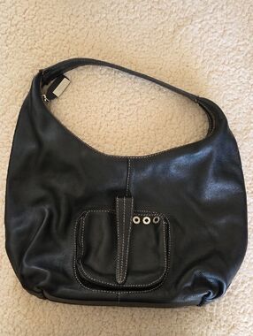 Black Leather Shoulder Hobo with Front Pocket
